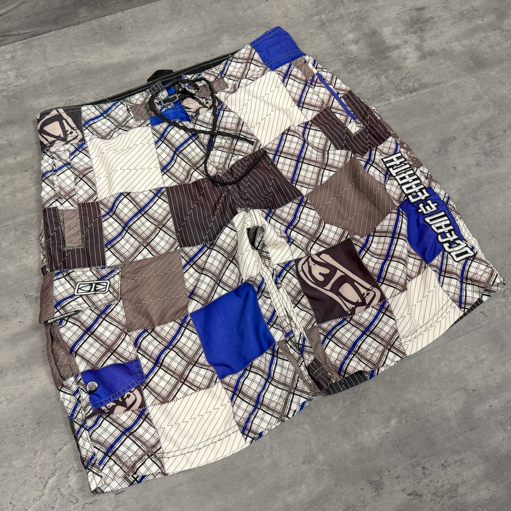 Y2K's 00's Ocean Earth Patch Wide Legged Checkcord Stripped Plaid Board Short's